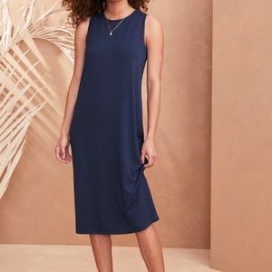 SIORO Navy Blue Sleeveless Minimalist Midi Shirt Dress Medium